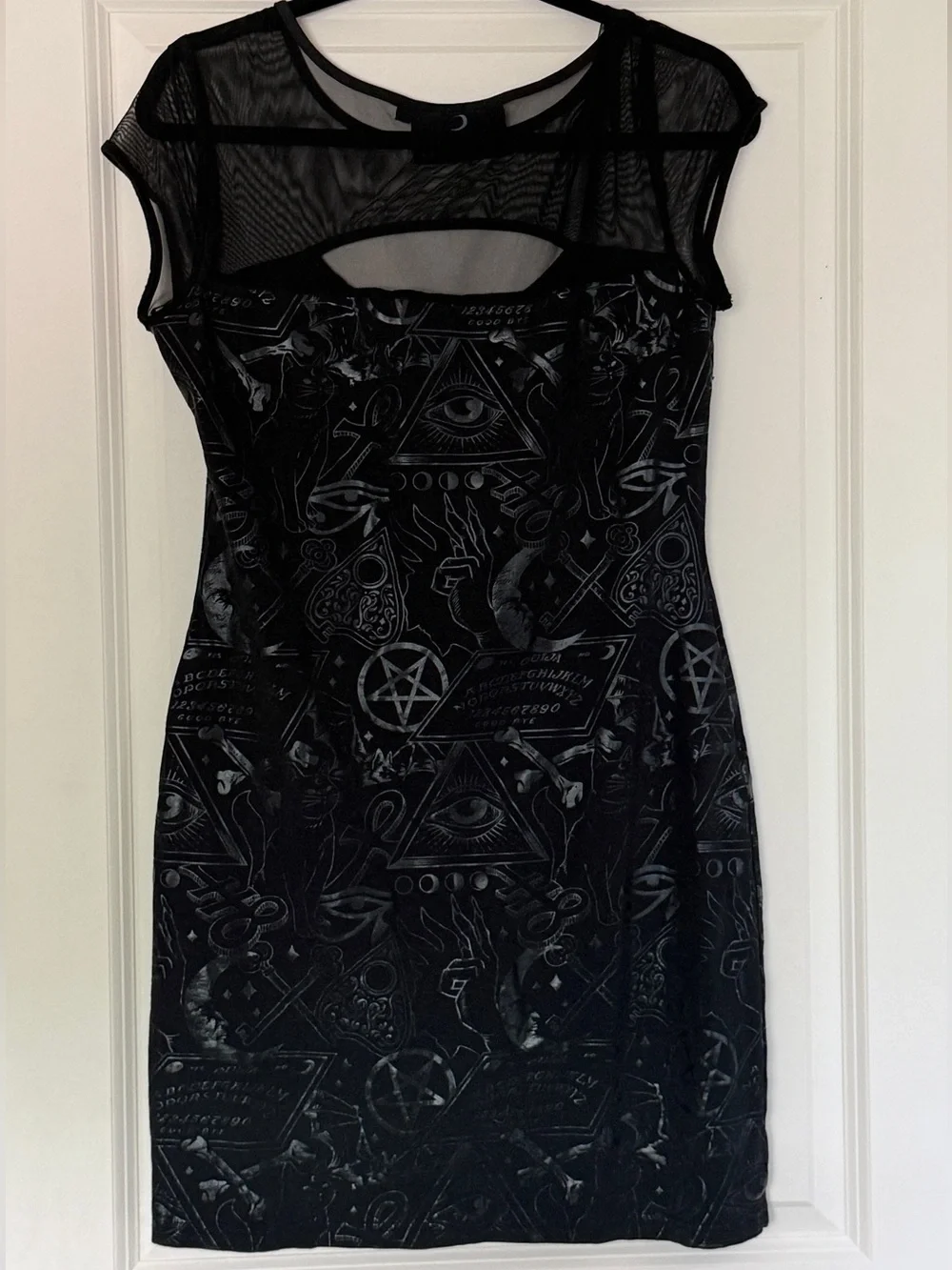 Killstar black print on black bodycon dress with mesh yoke - Picture 2 of 3